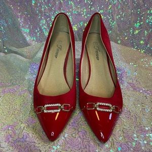 Rhinestone Buckle Red Kitten Heels